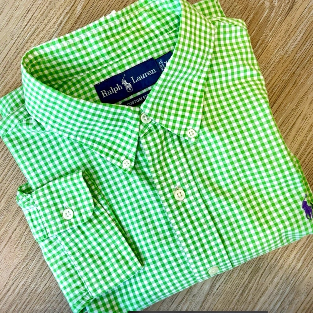 Ralph Lauren Mens Custom Fit Shirt Green Gingham Check Long Sleeve . XL